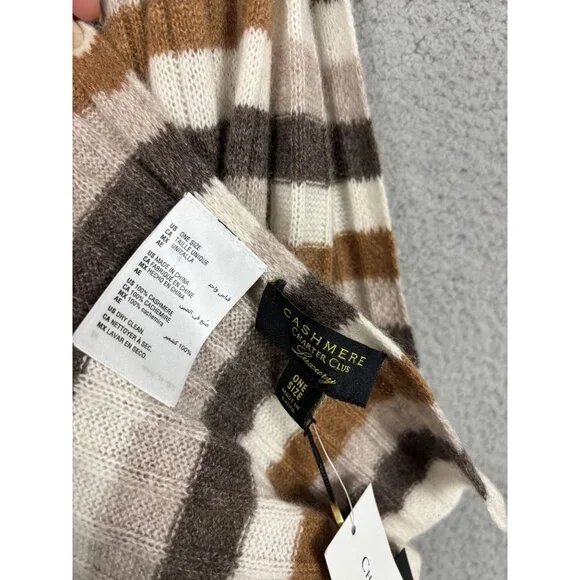Charter Club Luxury 100% Cashmere Striped Scarf Brown/White/Beige One Size NWT's - Picture 6 of 6